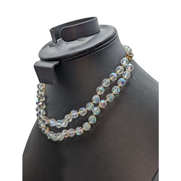 Vintage Double Strand Aurora Borealis Crystal Gold Bead 13"-15" Choker Necklace - Picture 2 of 8